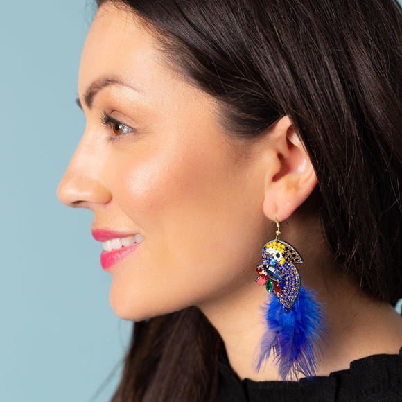 Cobalt Blue Feather Bird Parrot Earrings nwt - Picture 2 of 2